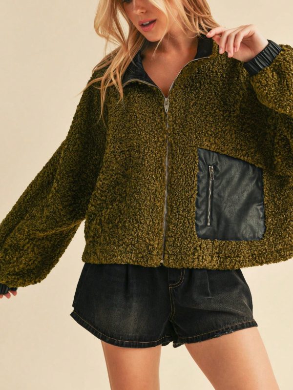 womens casual teddy bear chic leather trim zipper pocket sherpa jacket olive green long sleeve cropped length stand collar plush textured fall winter street style outerwear