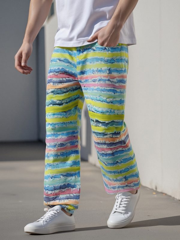 men's colorful striped wide leg denim pants rainbow print mid rise casual jeans with pockets, loose fit button closure, all season comfort for casual attire, comfortable clothing | vibrant striped jeans | nonstretch fabric