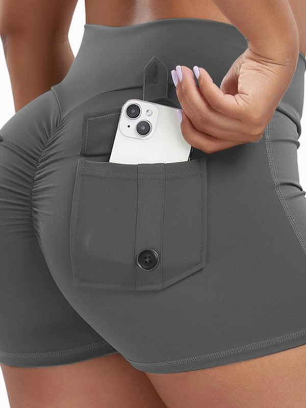women's yoga shorts solid color high waisted short pants tummy control workout cycling pants with pockets