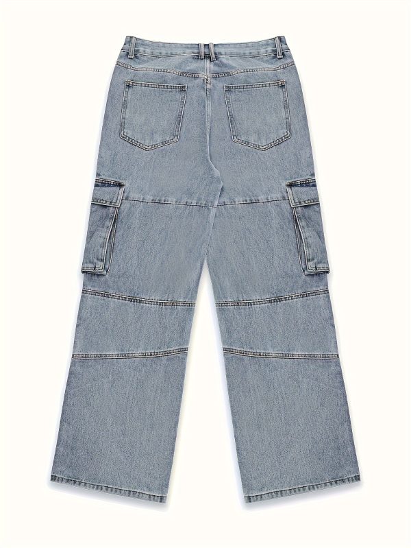 men's washed denim pants with multiple pockets, solid color washed denim street style workwear pants