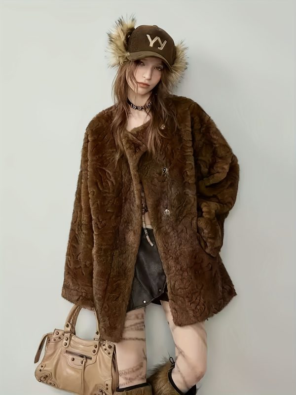 women's faux fur coat winter button front design, machine washable, solid color casual fashionable warm jacket for fall and winter, soft texture women's clothing