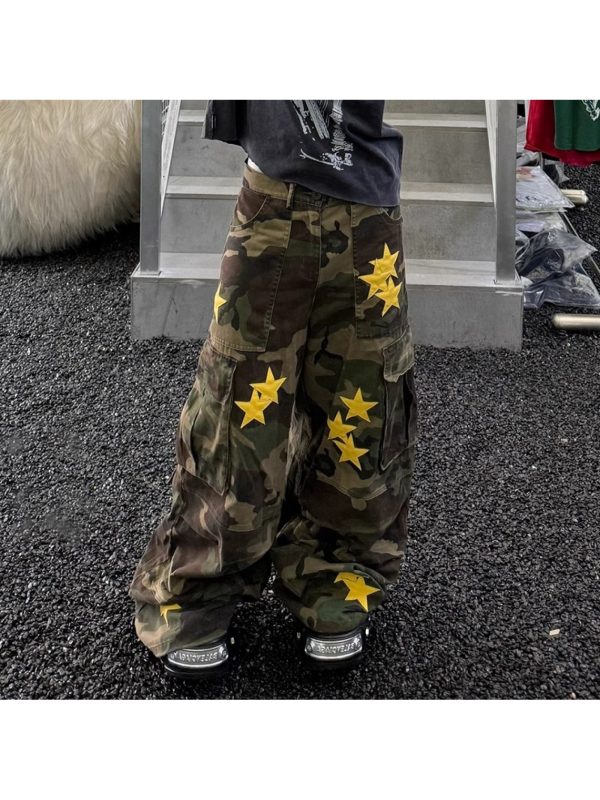 men's vintage star camouflage cargo faux denim retro hip hop style, loose fit wide leg pants with adjustable drawstring waist, mid rise design, perfect for casual outings, casual wear faux denim | vintage style pants | durable fabric faux denim