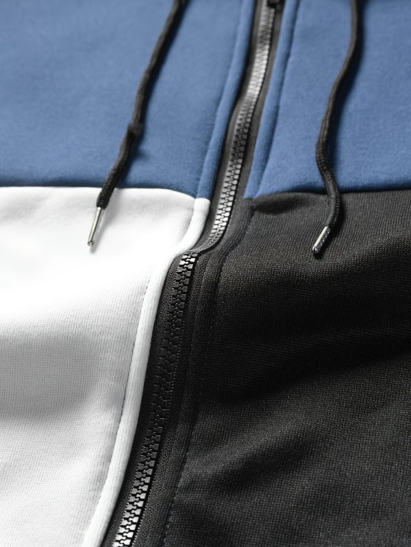 men's clothing, two piece contrasting long sleeved zipper hooded jacket and drawstring pants, suitable for outdoor wear