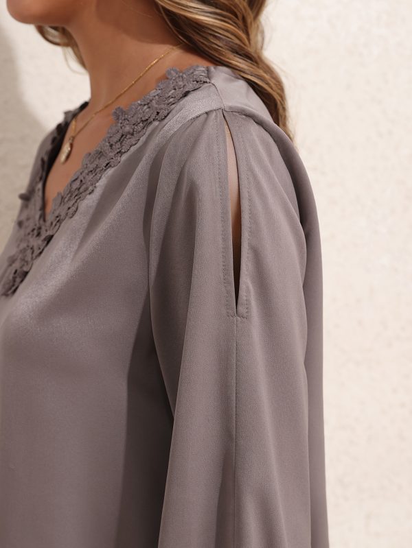 women summer tops neckline lace patchwork pullover shirt long sleeve elegant blouse