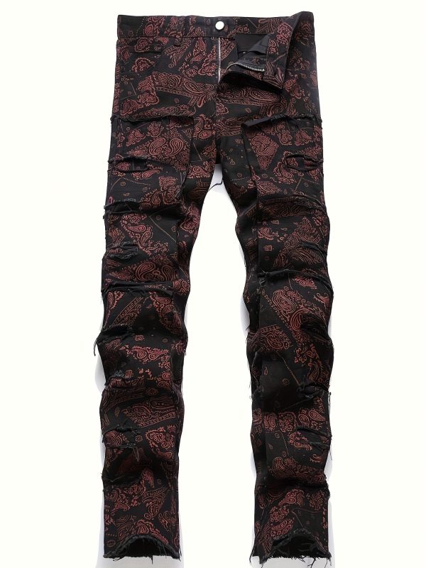 men's elastic waist straight leg loose fit jeans with red paisley print & frayed hem streetwear style, machine washable, all season comfort, casual streetwear