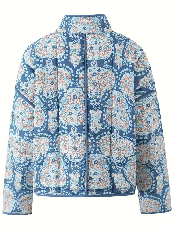 women's floral print quilted jacket loose fit long sleeve stand collar casual outerwear with pockets, brown & blue design, perfect for fall, autumn jacket | floral print jacket | quilted texture