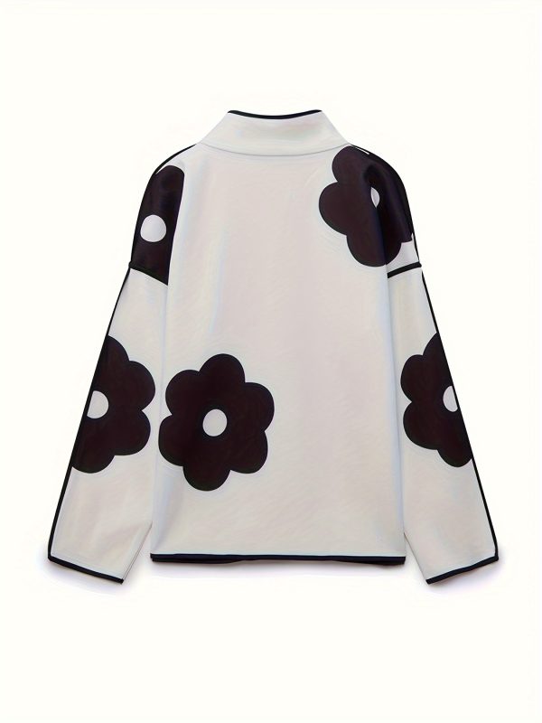 women's floral print stand up collar jacket black and white contrasting casual long sleeved jacket, single breasted front with slit design, loose fit suitable for office, urban and retro styles (springu002fautumn), autumn layered outerwear, modern stre