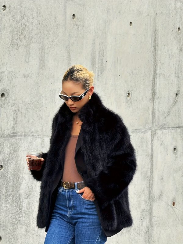 elegant women's autumn and winter new style black fox fur coat, and warm thick fur mid length outerwear, fashionable holiday outfit.