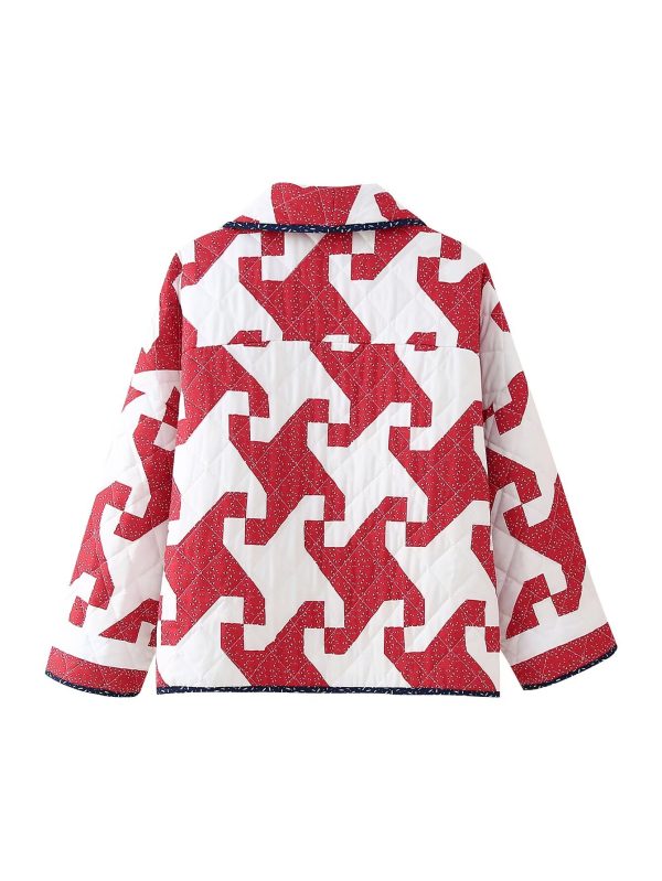 women's stylish red & white floral print quilted jacket loose fit long sleeve coat with puffy shoulders, black trim, and black beanie hat, perfect for fall fashion, autumn outerwear | puffy shoulder design | quilted texture