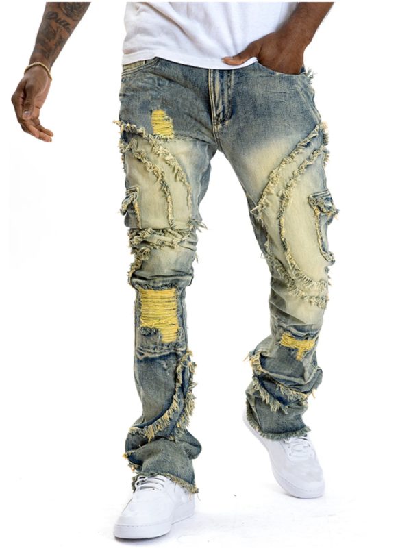 mens black stacked jeans slim fit ripped jeans destroyed straight denim pants harajuku hip hop trouser streetwear 4pcs