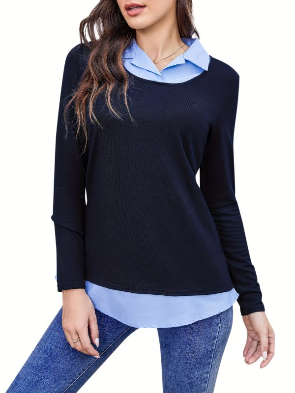 color block lapel neck blouse, casual long sleeve blouse for spring & fall, women's clothing