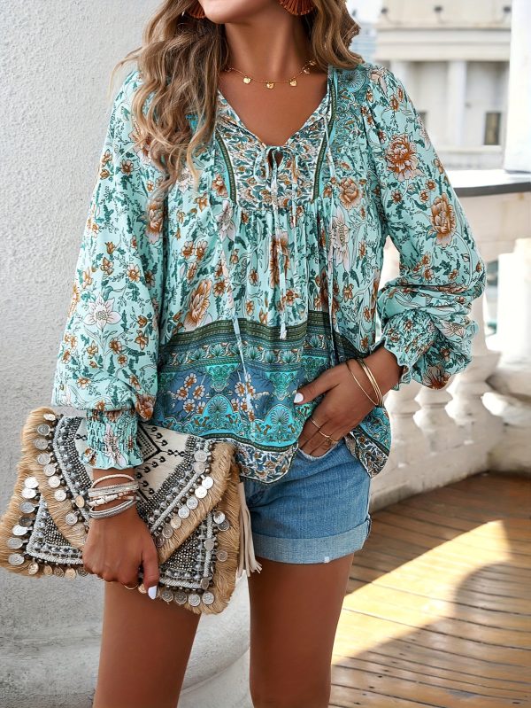 vibrant bohemian floral print v neck blouse for women chic long sleeve relaxed fit clothing for all seasons perfect for casual daily wear, outdoor activities & vacations