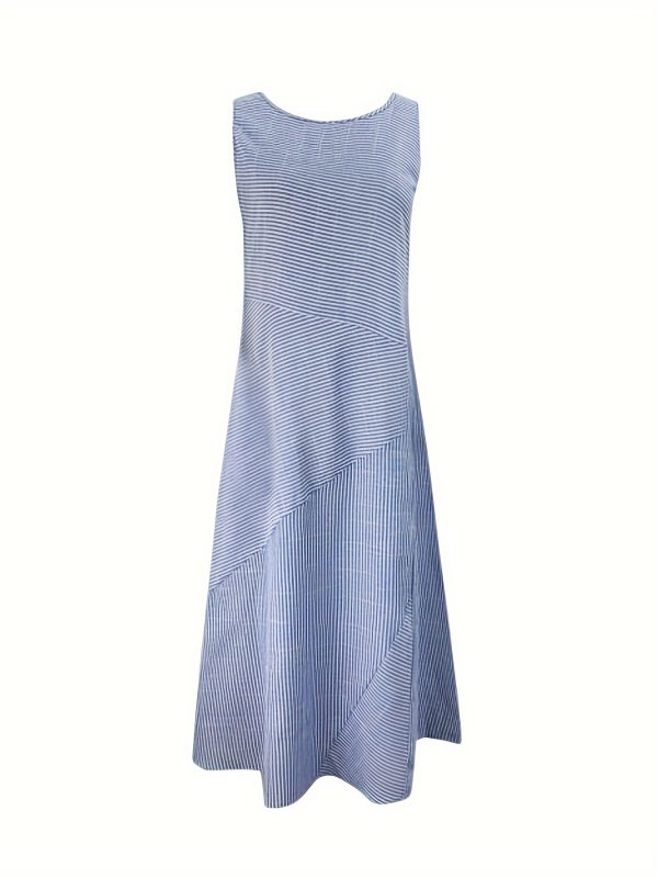 women's striped tank dress sleeveless round neck midi with pockets, casual summer wear, machine washable