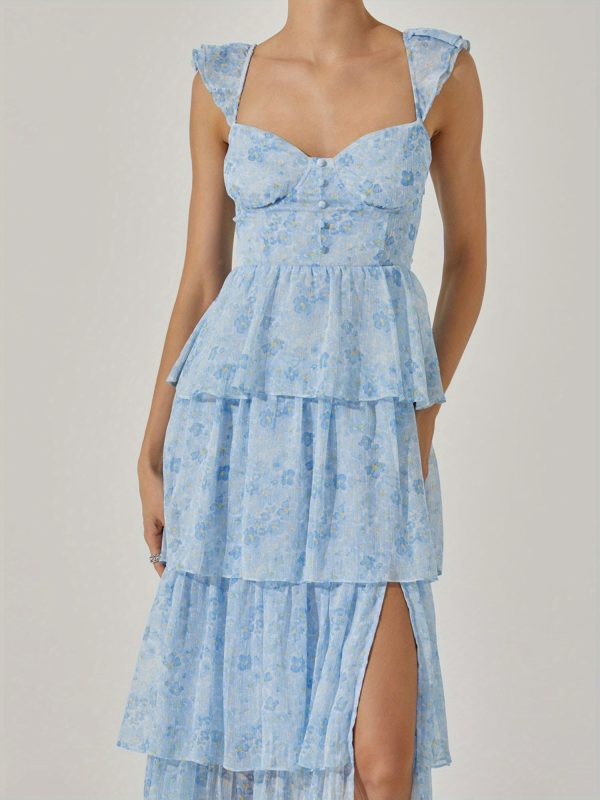 women's floral dress stylish multi layered ruffles split cap sleeve long a line dress for spring summer