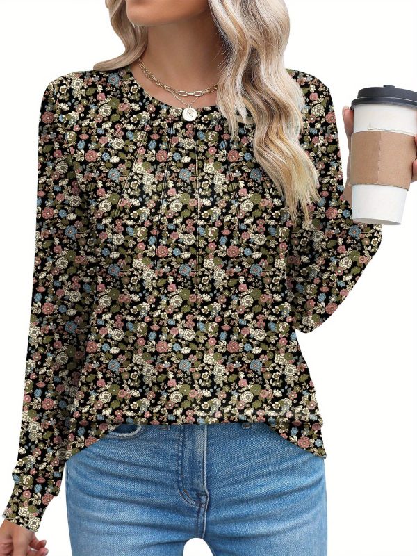 women's casual small floral round neck chest pleated versatile basic long sleeved top