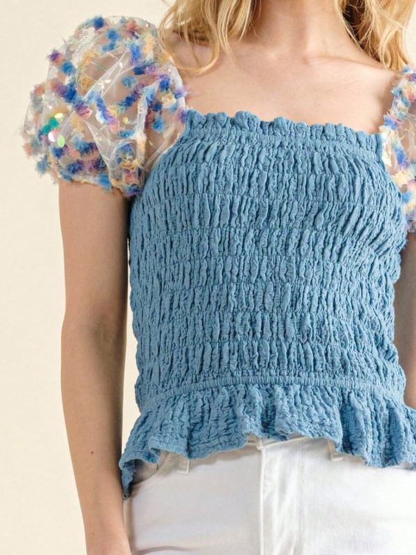 womens casual smocked romantic chic floral mesh puff sleeve ruched peplum top blue sweetheart neckline fitted bodice shirred texture spring summer date night party blouse