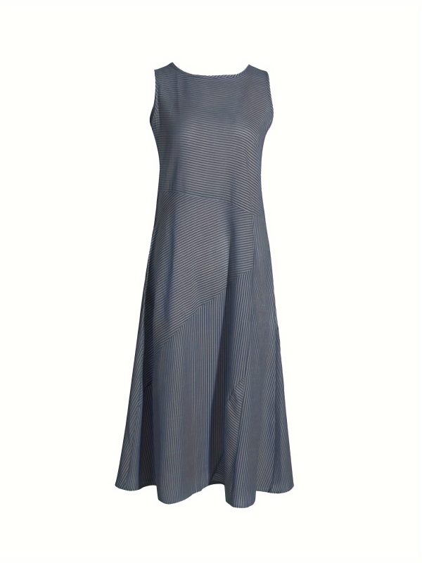 women's striped tank dress sleeveless round neck midi with pockets, casual summer wear, machine washable