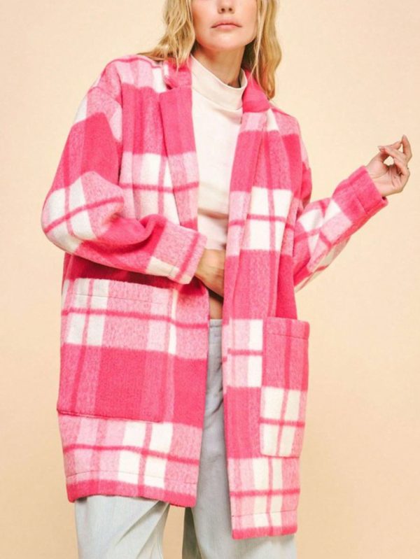 women's casual coat chic plaid open front slit outerwear with pockets hot pink long sleeve oversized checkered pattern stylish and warm outerwear perfect for springu002ffallu002fwinter everyday wear