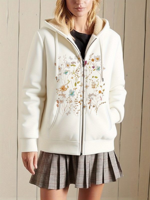 women's full zip hoodie jacket lined extreme cold weather coat, front zipper closure hooded sweatshirt coat for everyday & formal outfits, machine washable women's outerwear, versatile layering, floral print design, comfortable fit, casual wear