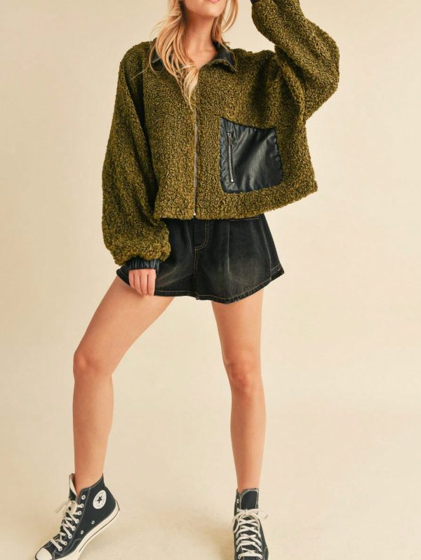 womens casual teddy bear chic leather trim zipper pocket sherpa jacket olive green long sleeve cropped length stand collar plush textured fall winter street style outerwear