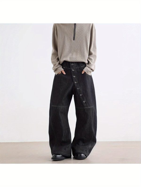 men's loose wide leg faux denim trousers american streetwear fashion, bright line button open scythe overalls, solid color, all season casual & formal wear, casual attire, trendy overall design, durable fabric