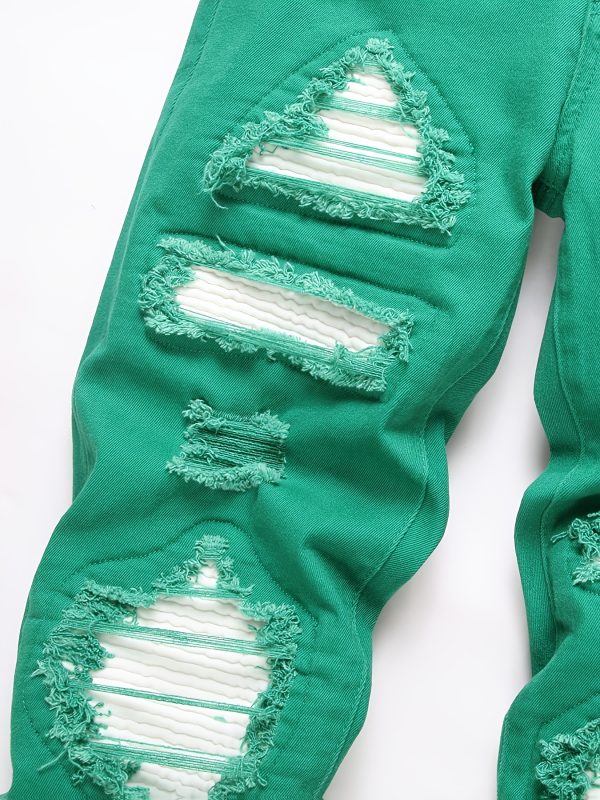 fashionable slim fit faux denim pants for men and women with ripped patches and elastic.