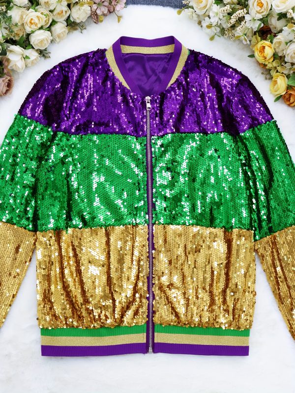 color block sequins long sleeve jacket, casual full zip jacket for spring & fall, women's clothing