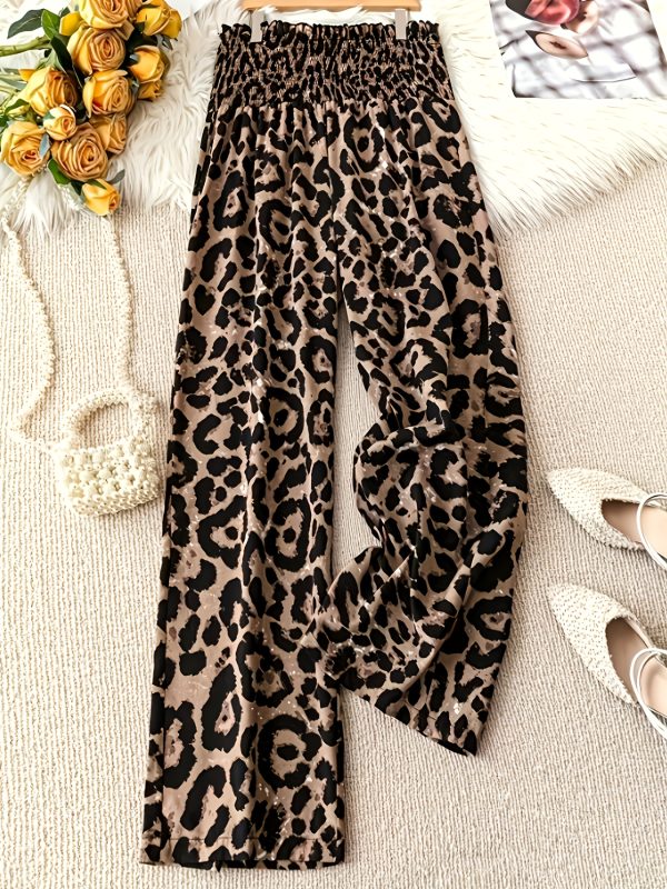 ladies new style women's trousers leopard print casual pants elastic waist loose wide leg pants