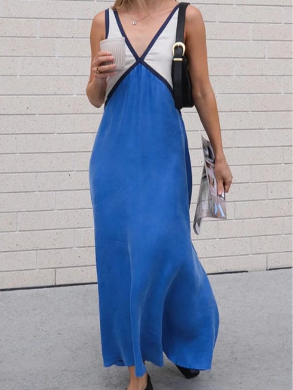 women's elegant patchwork v neck maxi dress for spring& summer, vacation& party style trendy sleeveless swing dress, outfit of the day, women's clothing