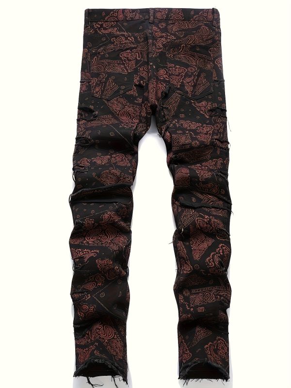 men's elastic waist, trendy fringed print distressed denim pants