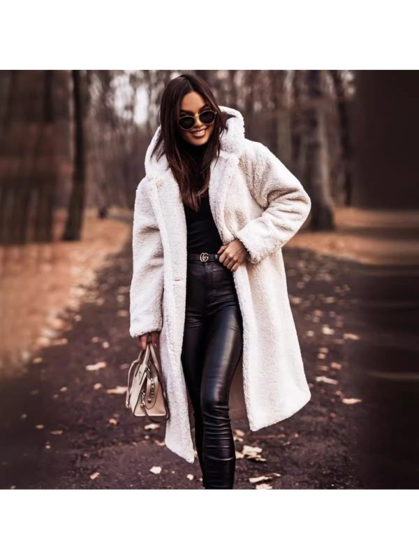women's 2025 fall winter hooded fleece coat oversized mid length long sleeve solid color jacket with pockets, soft warm cozy outerwear for daily wear, casual to semi formal outfits (machine washable, no stretch fabric) white & neutral tones available