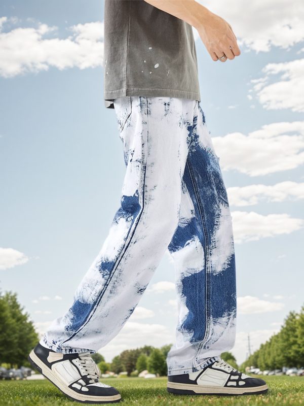 men's color blocking jeans, heavy duty craftsmanship, casual straight leg pants, fashionable and versatile, high quality and wear resistant long pants