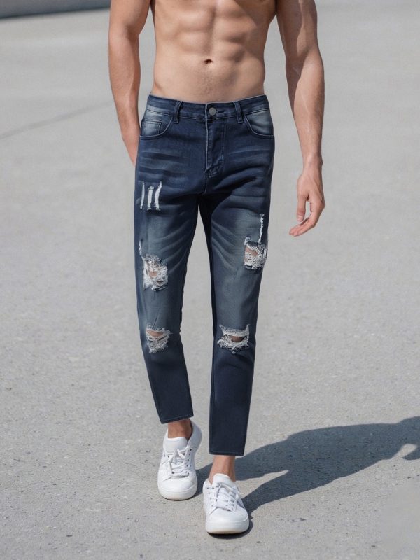 men's skinny high waisted stretch denim jeans lightweight ripped distressed blue washed pants with white torn details, all season casual streetwear trousers for men, machine washable slim fit jeans