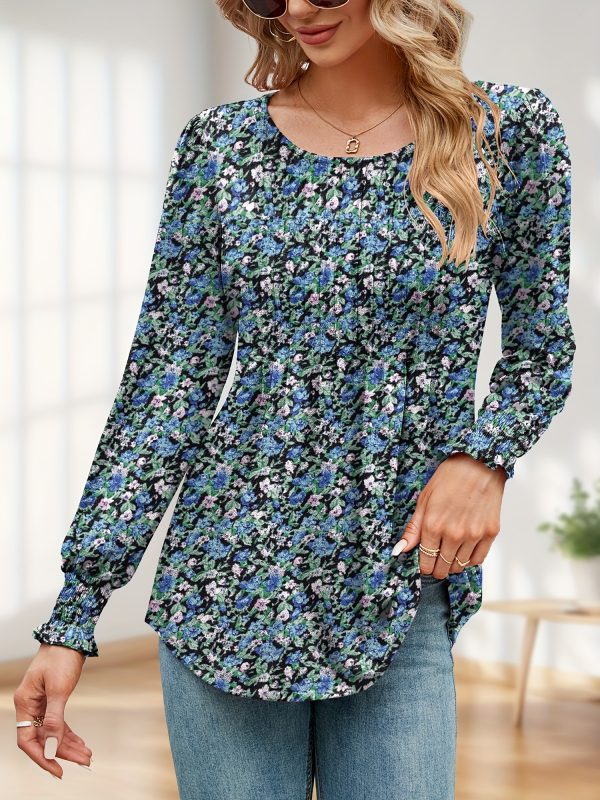 women's autumn puff long sleeve tunic tops pleated crew neck shirts blouses casual loose t shirts