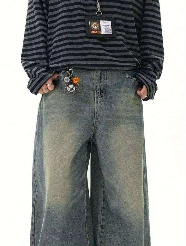 men's loose straight leg wide leg jeans, sea blue casual american street style pants, comfortable cut, suitable for daily wear i