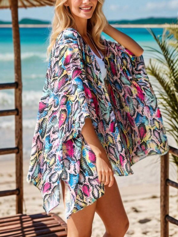 womens casual beach cover up chic multicolor snake print loose flowing kimono cardigan open front batwing sleeve asymmetric hem lightweight breezy summer vacation resort wear swimsuit coverup