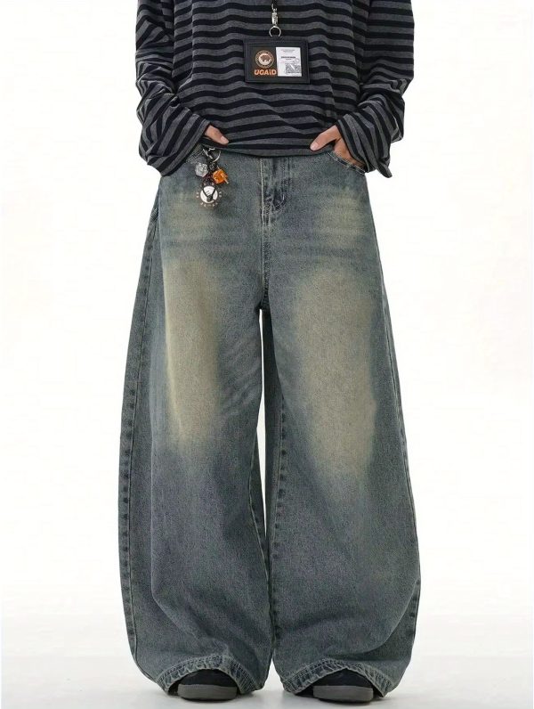 men's loose straight leg wide leg jeans, sea blue casual american street style pants, comfortable cut, suitable for daily wear i