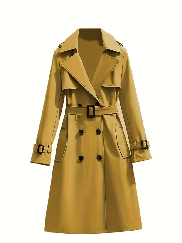 elegant white double breasted trench coat for women long sleeve, belted waist, button up design, casual style, perfect for fall & winter, casual winter wear | belted trench coat | structured design