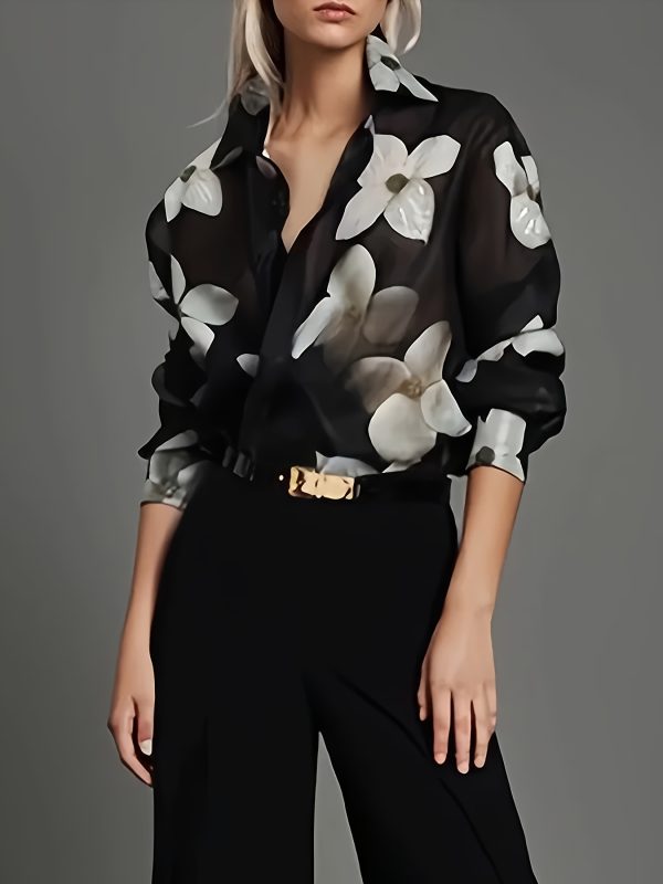 women's elegant satin floral print blouse chic long sleeve button up shirt with black & white floral design, comfortable collar, perfect for springu002fsummeru002ffall, casual to formal wear, floral print blouse