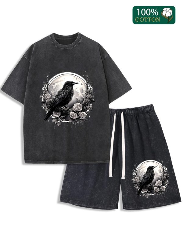 washed vintage batik cotton, paired with 230gt shirt and 290g shorts, recent bestseller, washed set with flowers and crows printed on it, outdoor adventure travel on the street
