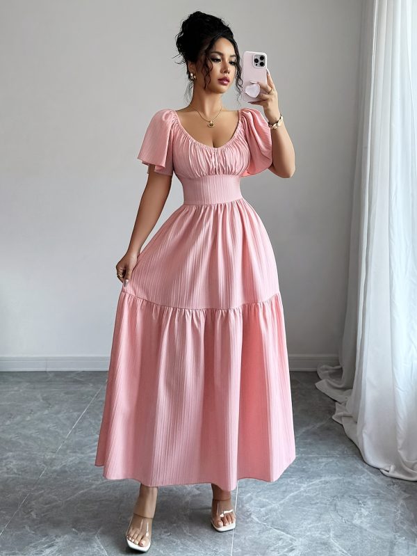 women's new textured fabric a line dress with ruffled sleeves, bow back design, waist hugging, elegant and charming summer date dress