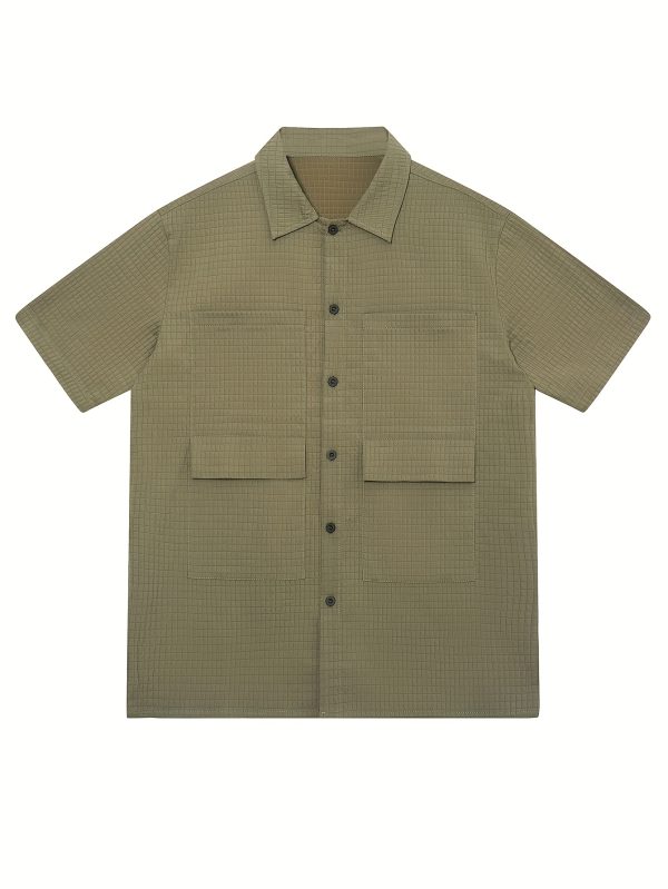 men's summer casual plaid shirt suit with multiple pockets, collared short sleeve, elastic waist shorts set, street style trendy high end daily wear