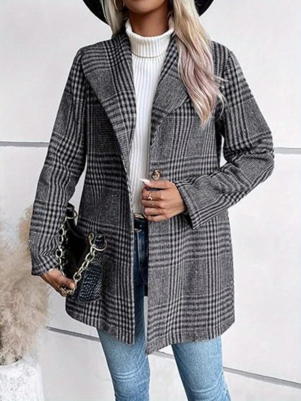 women's slim fit plaid coat casual long sleeve button up with lapel collar, brown & white checkered pattern, perfect for fallu002fwinter, stylish outerwear | checkered pattern coat | buttonup coat