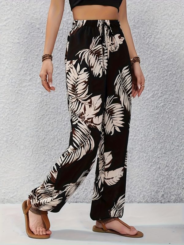 womens casual and fashionable pants leaf pattern print, loose and comfortable fit, suitable for daily commuting, leisure outings, vacation travel, spring, summer and autumn pant