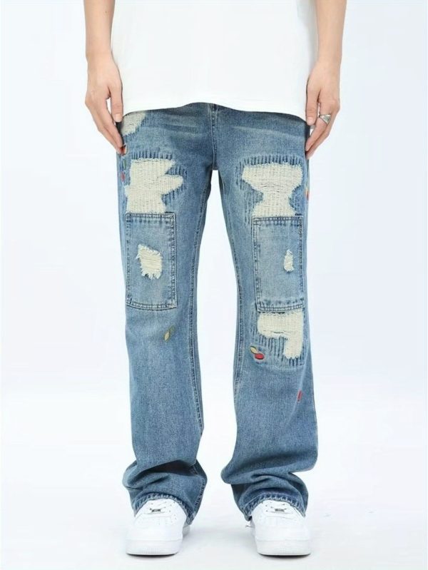 fashionable high street style ripped and patched jeans hip hop street embroidery straight casual pants