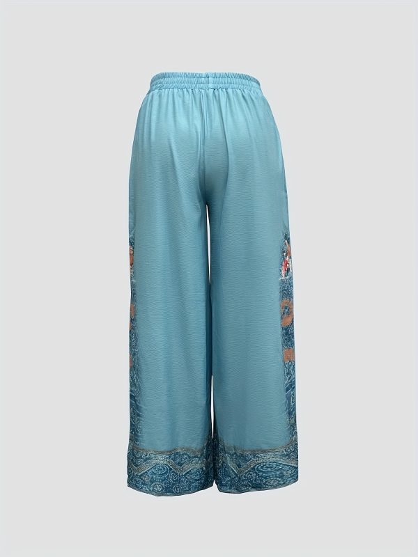 women's vintage floral print wide leg pants elastic waist casual trousers, machine washable long length for spring summer fall, outdoor & casual wear, versatile trousers, bohemian style, lightweight fabric, flowy trousers, boho chic style