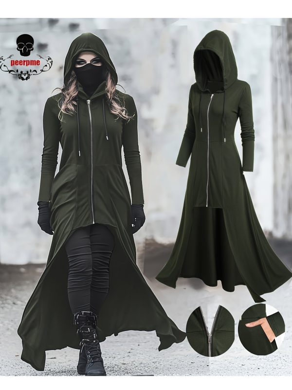 women's gothic hooded zip up jacket long formal coat with full zip closure, elegant gothic outerwear for halloween, cosplay, everyday easy care hand washable women's clothing, goth accessories