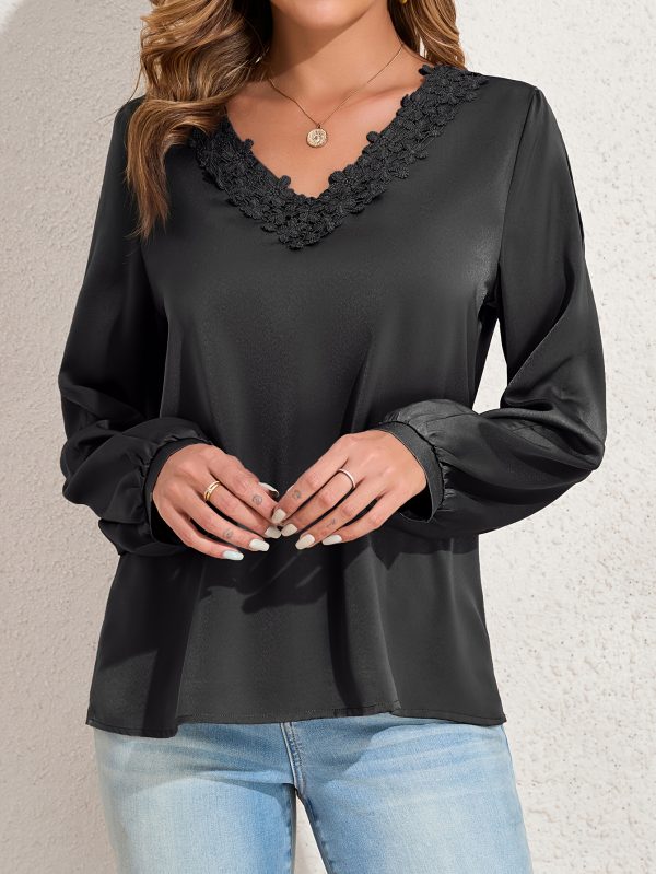 women summer tops neckline lace patchwork pullover shirt long sleeve elegant blouse