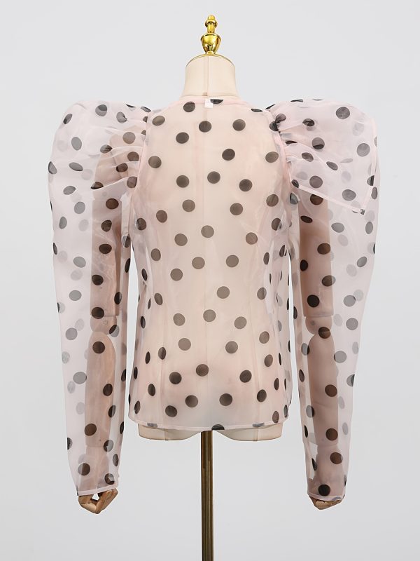 women's elegant sheer black & white polka dot blouse with bubble sleeves round neck short spaghetti strap summer top, machine washable lightweight shirt for casual & semi formal outfits