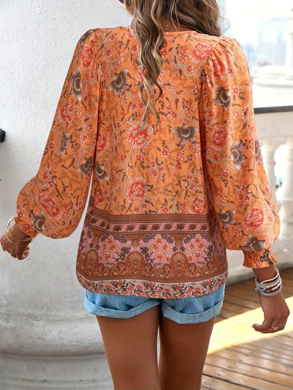 vibrant bohemian floral print v neck blouse for women chic long sleeve relaxed fit clothing for all seasons perfect for casual daily wear, outdoor activities & vacations
